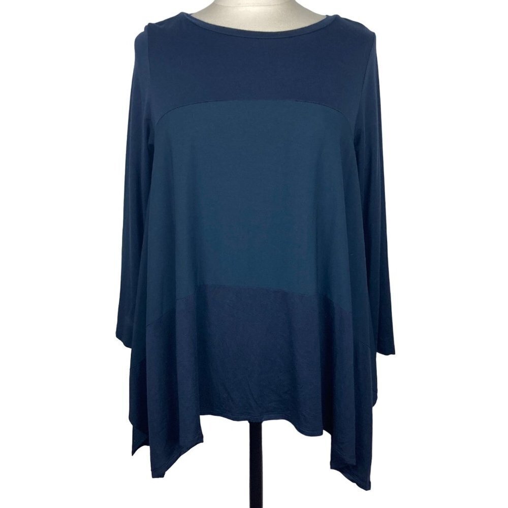 Comfy USA Flowy Tunic Top Small Navy Handkerchief Hem Lagenlook Oversize Artsy